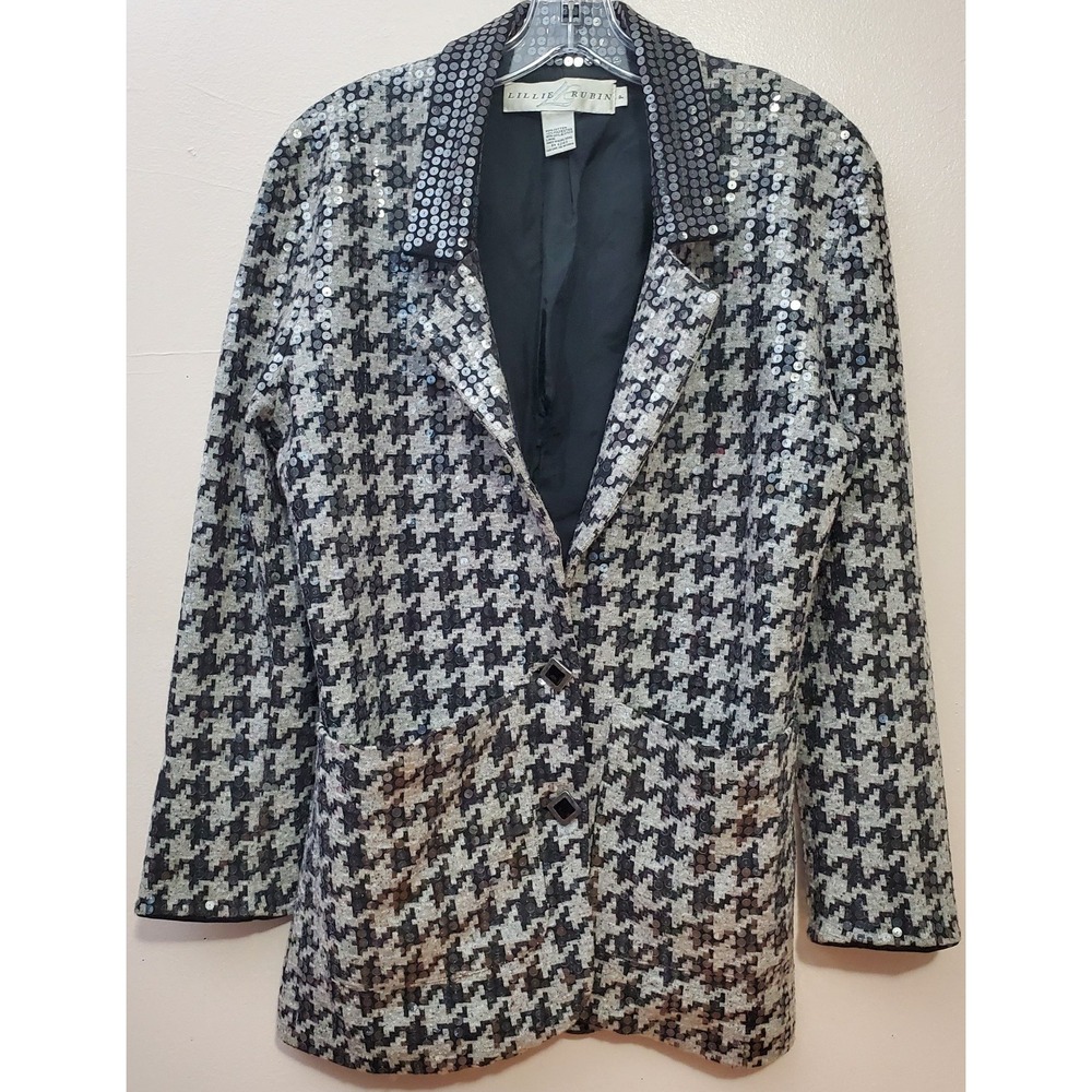 Vintage Lillie Rubin Sequin Houndstooth Jacket Blazer Black‎ Gray Sparkly Party